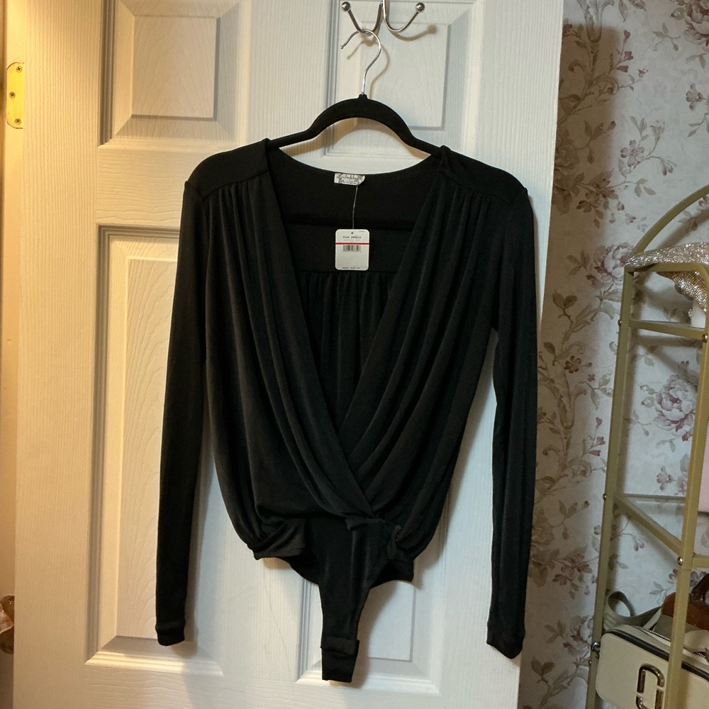 Free People Charcoal Long Sleeve Bodysuit